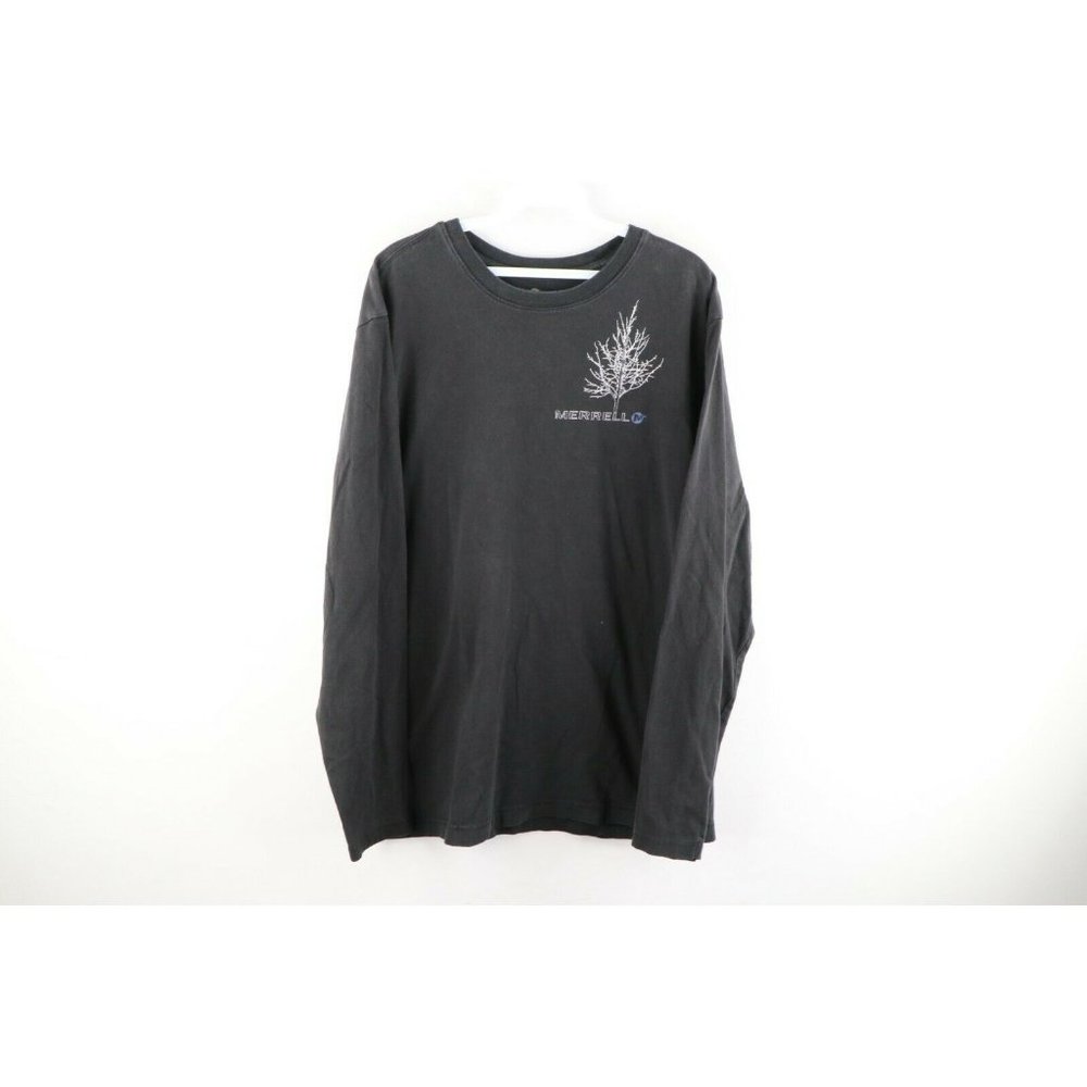 Vintage Merrell Mens Large Faded Nature Tree Spell Out Long Sleeve T-Shirt Black